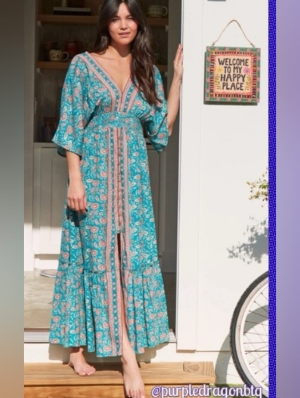 Natural Life Floral Teal Vines Celia Ruffle Maxi Dress Boho Yacht Beach